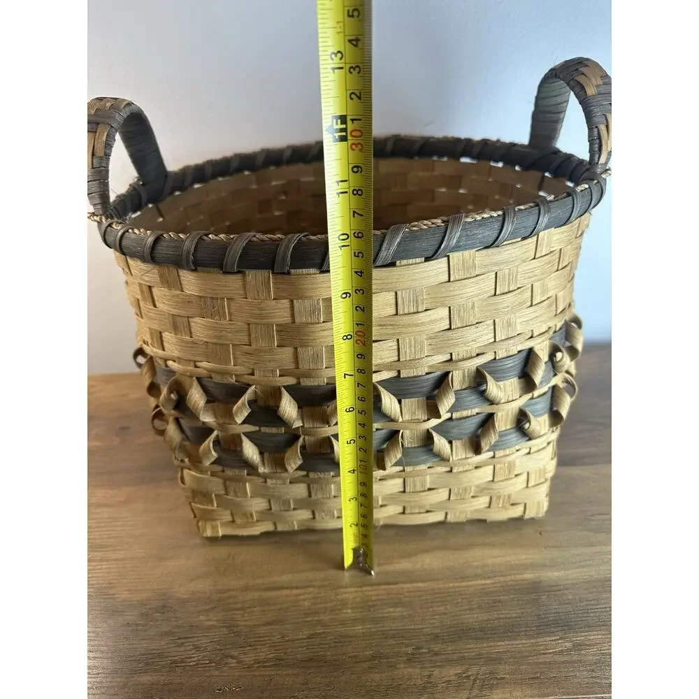 Vintage Woven Basket With Lid & Handles Two Tone Farmhouse Storage Basket